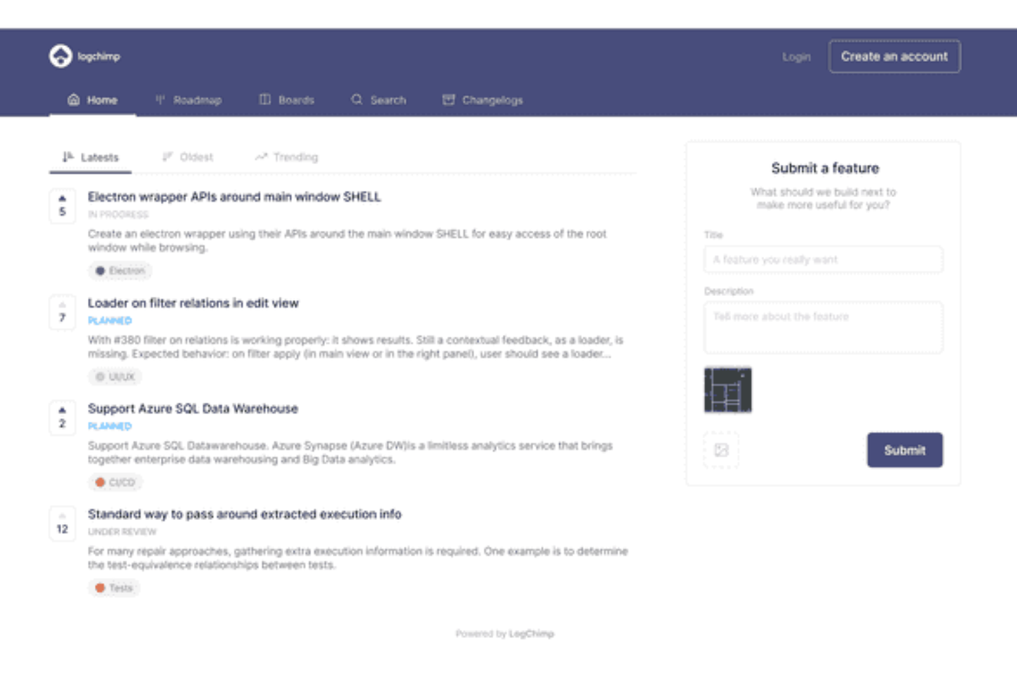 LogChimp screenshot - 10 migliori soluzioni open source per la gestione delle idee nel 2026