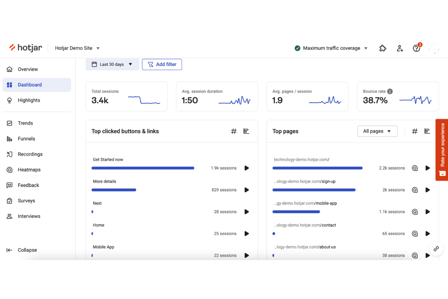 Hotjar screenshot - 10 migliori piattaforme gratuite per il monitoraggio degli utenti recensite nel 2026