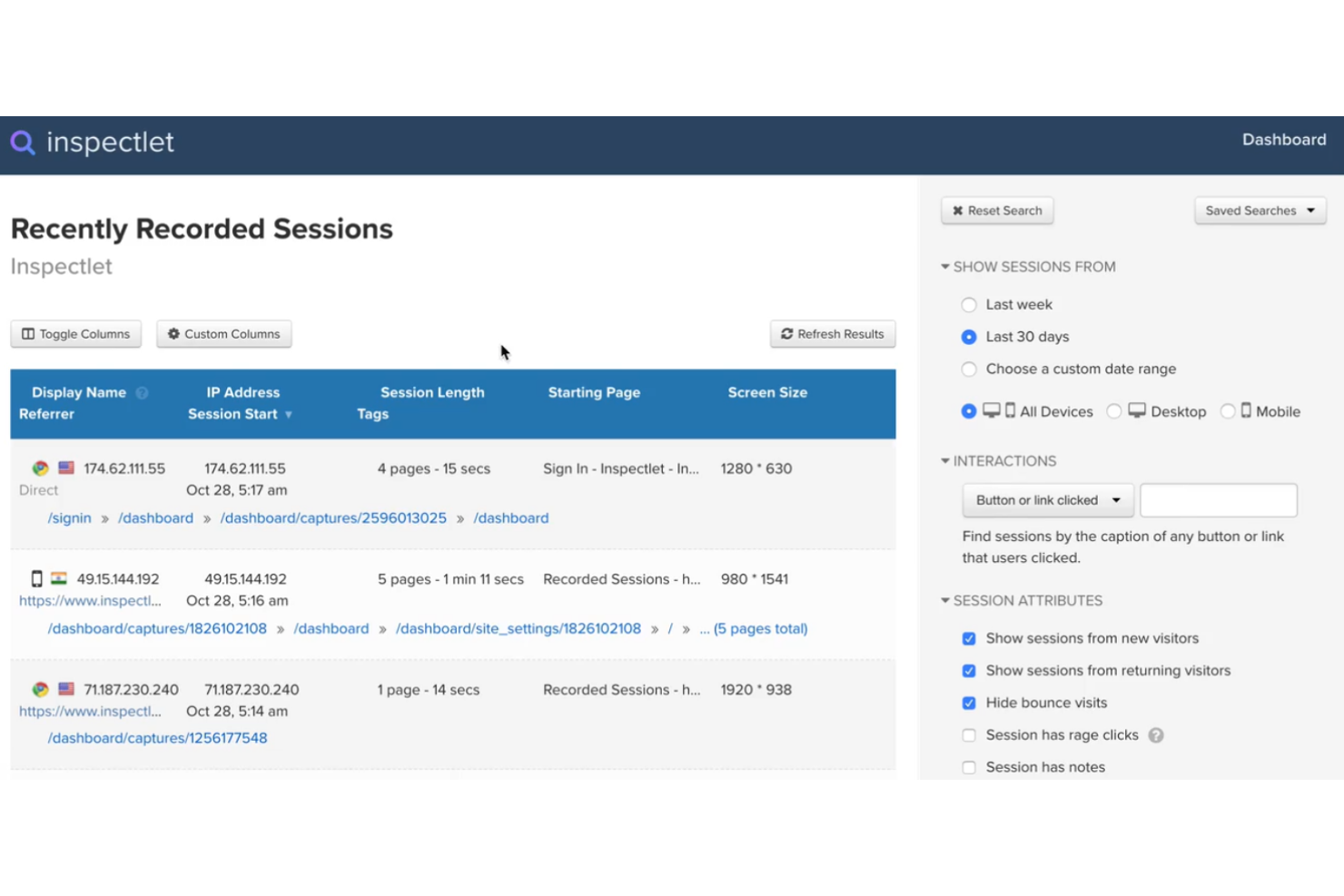 Inspectlet screenshot - 10 migliori piattaforme gratuite per il monitoraggio degli utenti recensite nel 2026