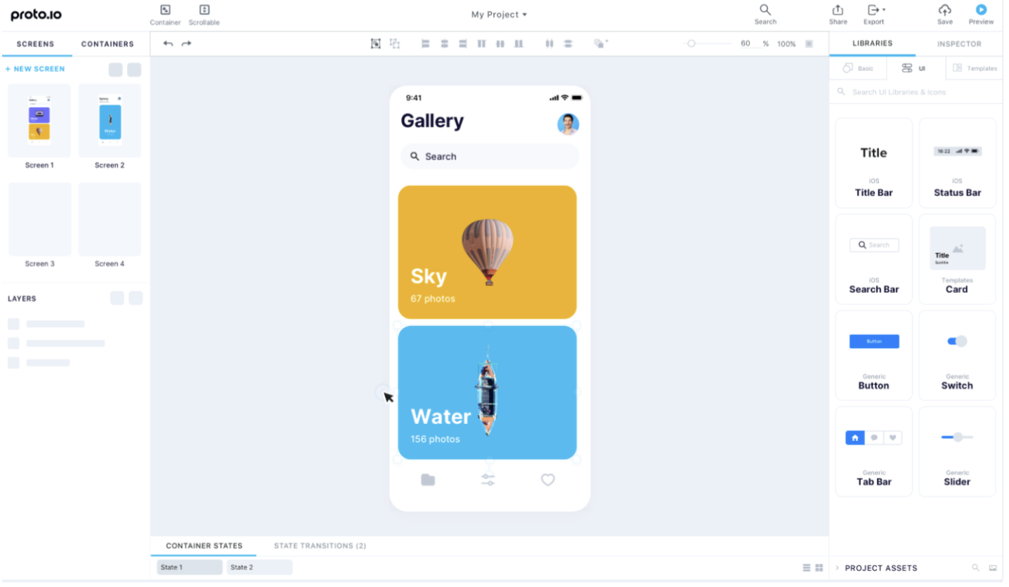 Proto.io screenshot - 10 migliori alternative a Framer recensite nel 2026