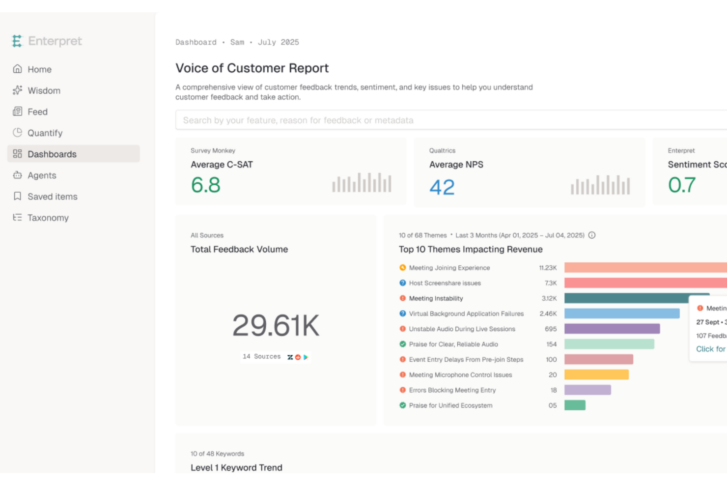 Enterpret screenshot - 10 migliori piattaforme per il feedback dei prodotti per approfondimenti sugli utenti nel 2026