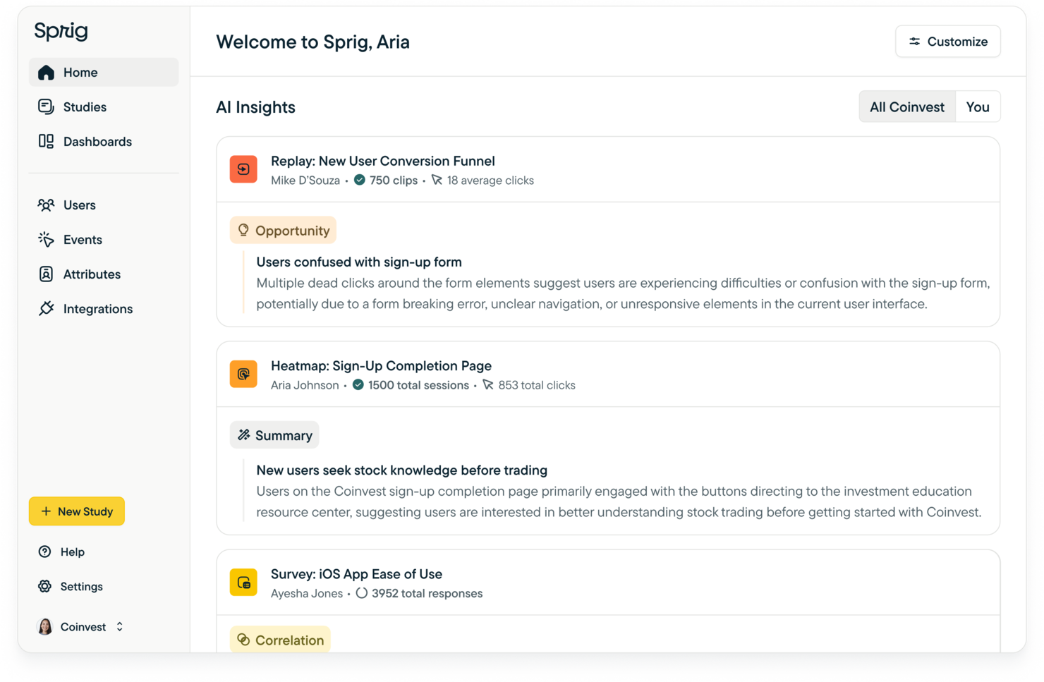 Sprig screenshot - 10 migliori software per la gestione dell’esperienza prodotto per 2026