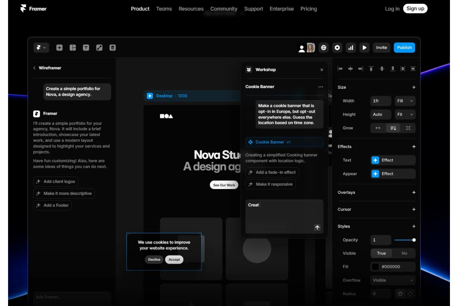 Framer Wireframer screenshot - 10 mejores herramientas de wireframing con IA en 2026