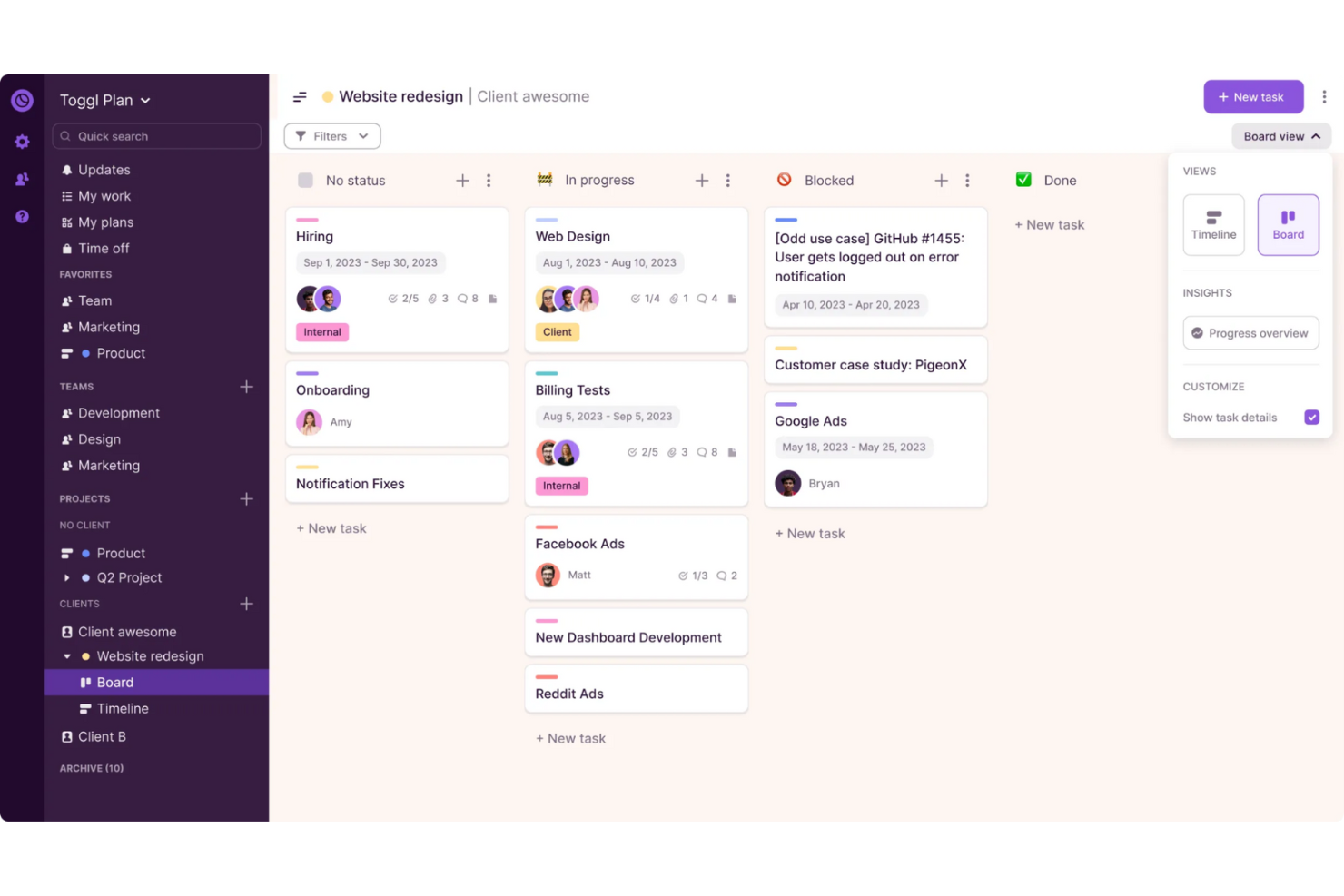 Toggl Plan screenshot - 10 mejores programas gratuitos de planificación de productos evaluados en 2026