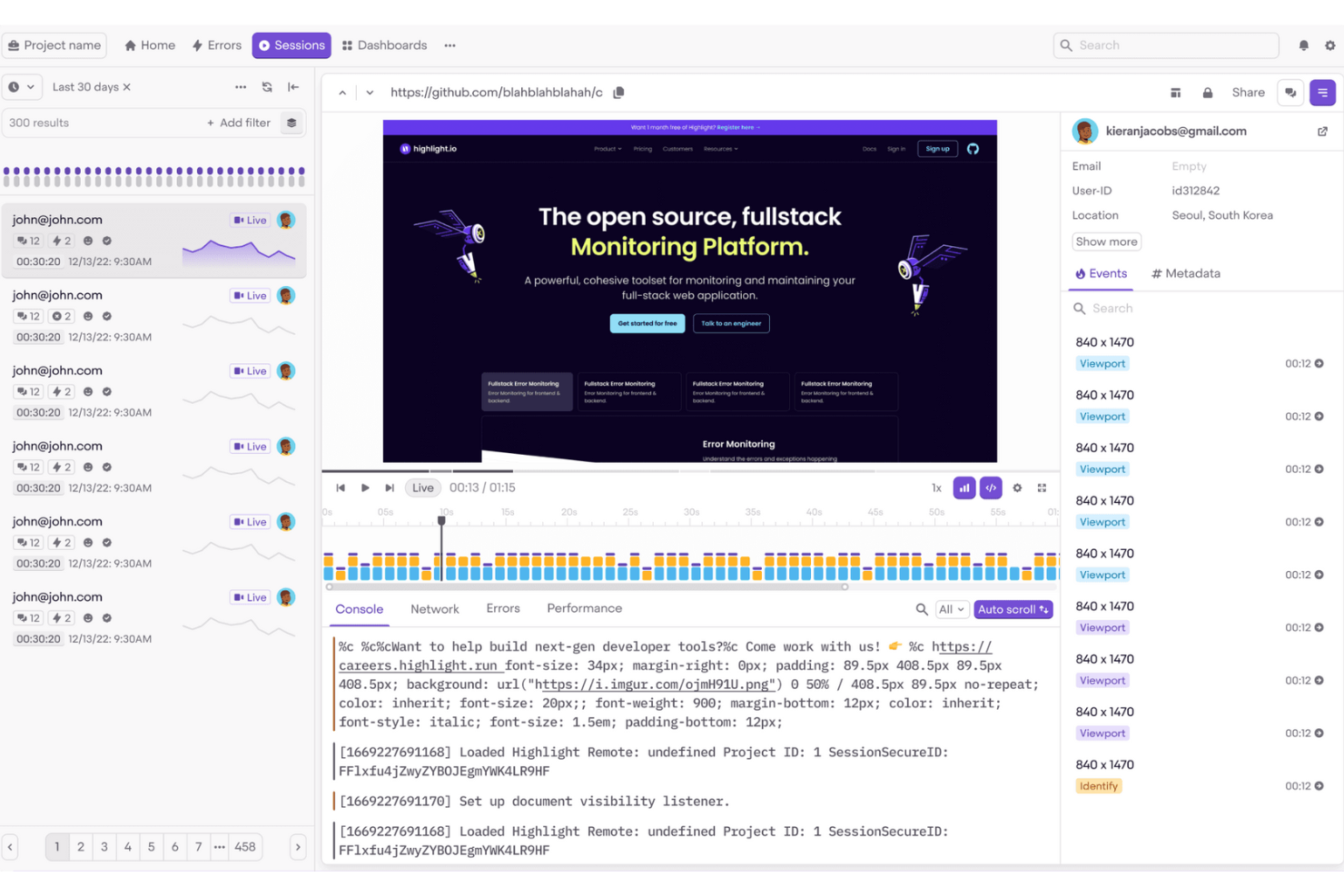 Highlight screenshot - 24 Best Free Session Replay Software Reviewed in 2025