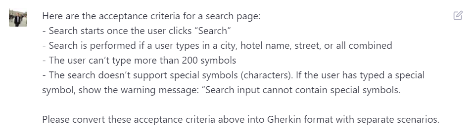 screenshot of gherkin format