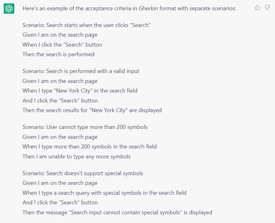 screenshot of gherkin format separate scenario
