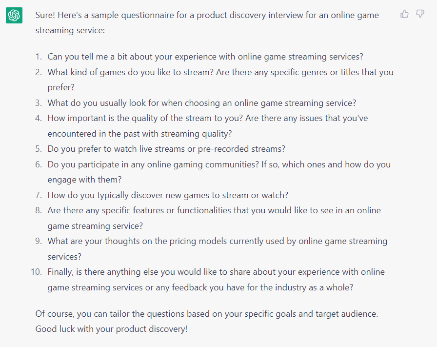 screenshot of sample questionnaire