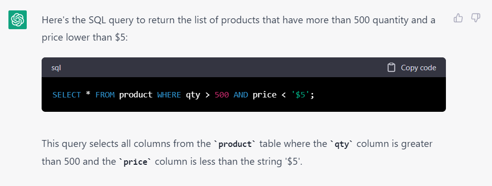 screenshot of result sql query