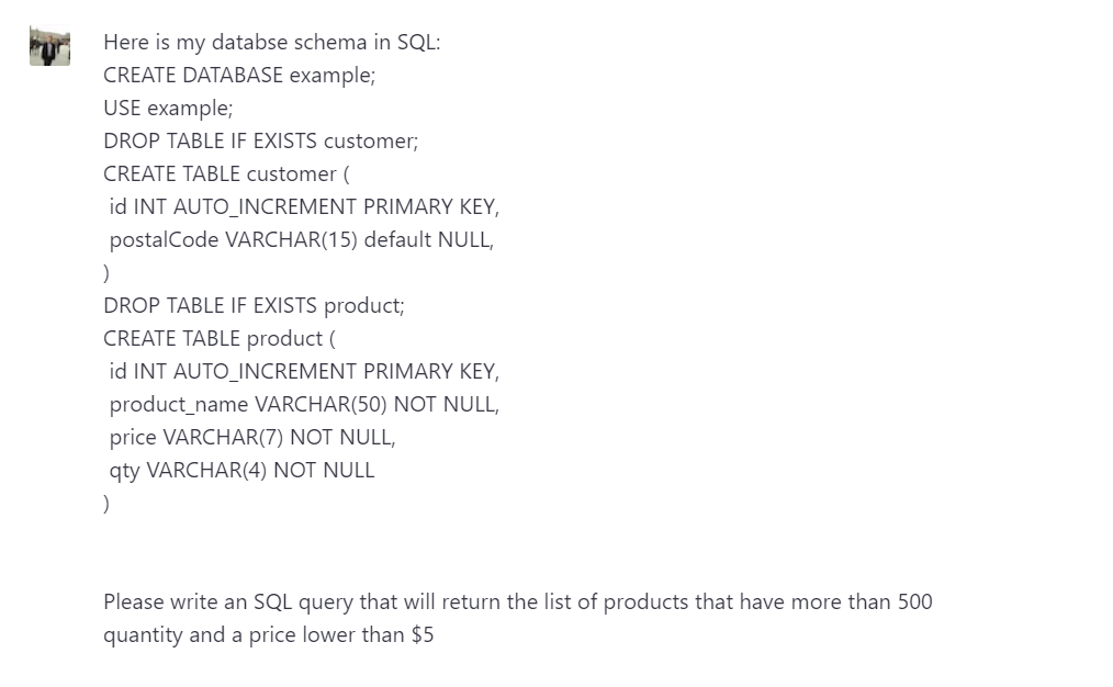 screenshot of sql query