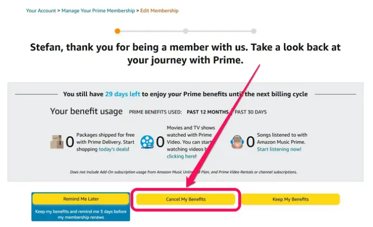 cancel amazon prime membership screenshot