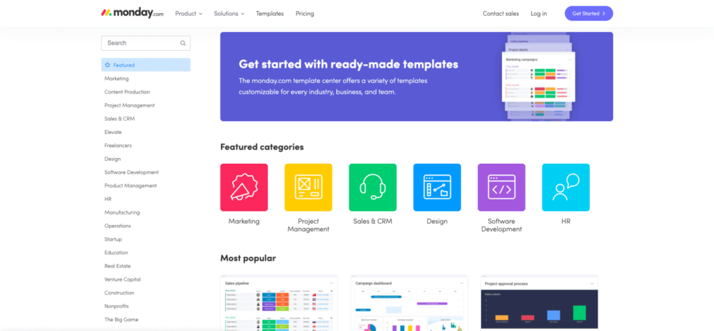 Monday.com Dev Review Screenshot Showing Templates