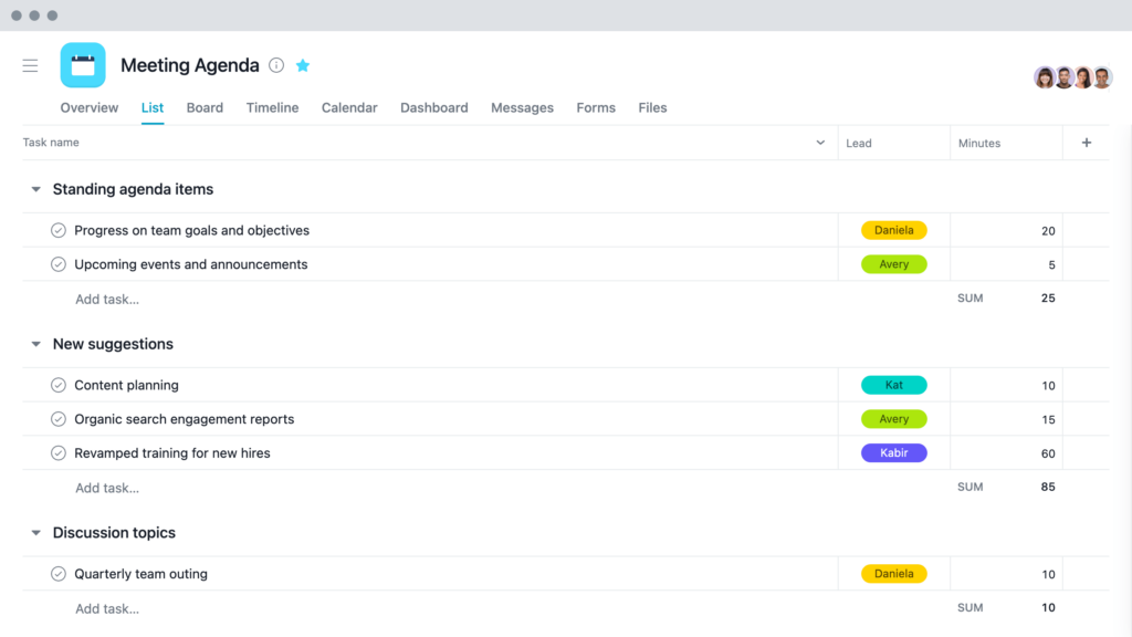 Asana software review screenshot showing the meeting agenda