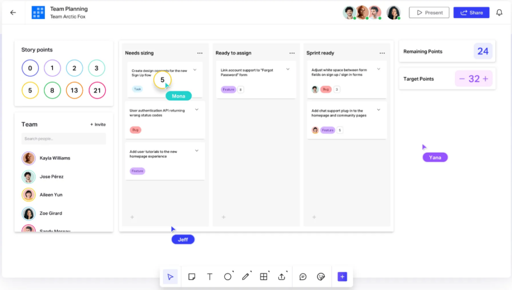 Freehand by Invision software review, a screenshot of the tool's team planning dashboard