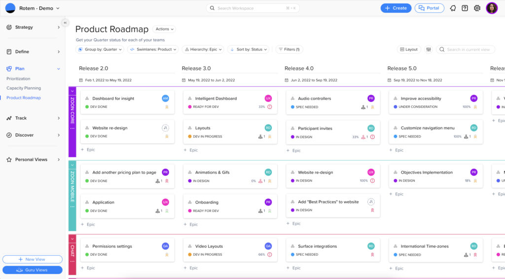 Craft.io review showing the product roadmap interface