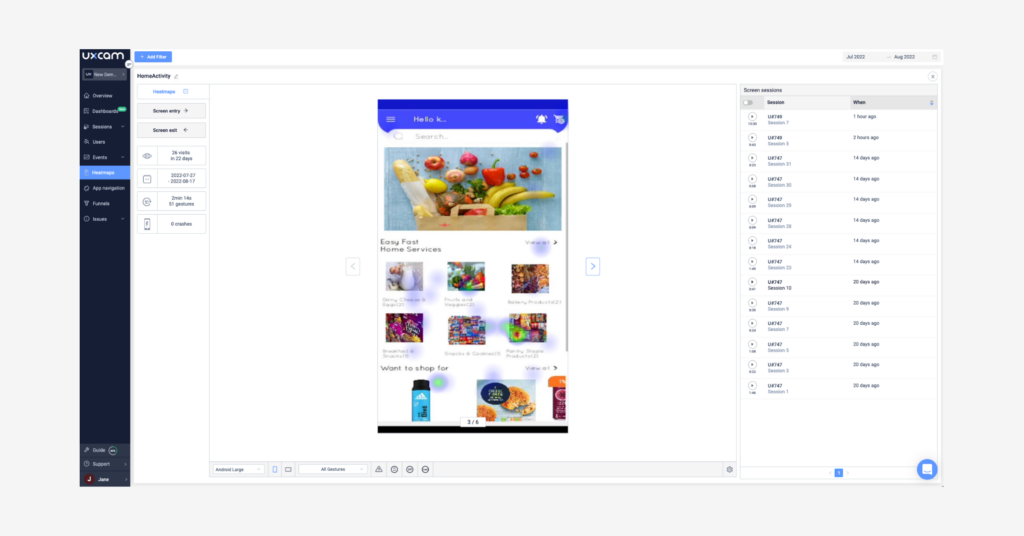 UXCam software's heatmaps feature.