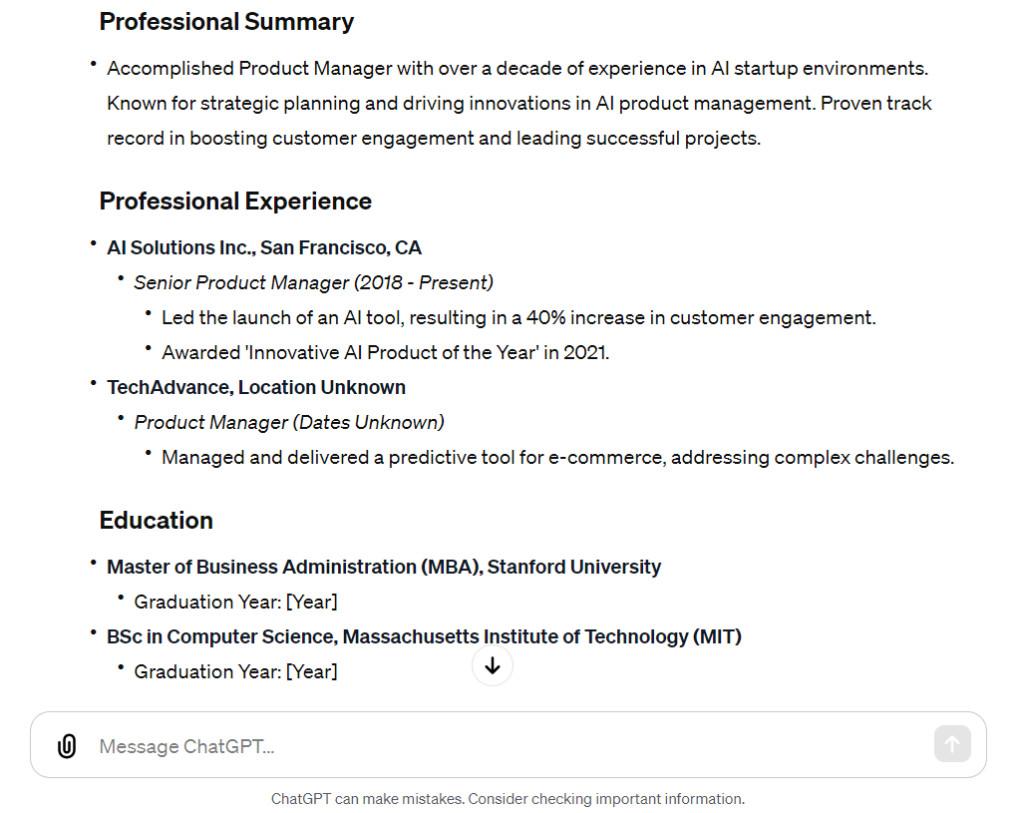 ChatGPT-generated resume template.