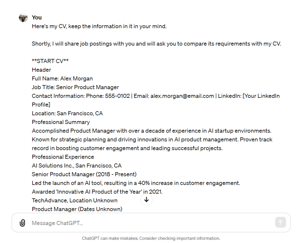 ChatGPT prompt to customize a resume based on a job description.