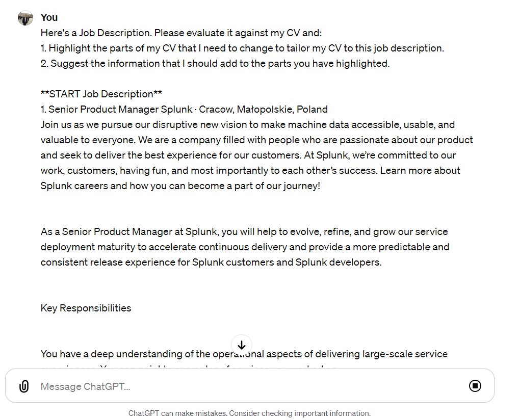 ChatGPT prompt to feed in a job description.