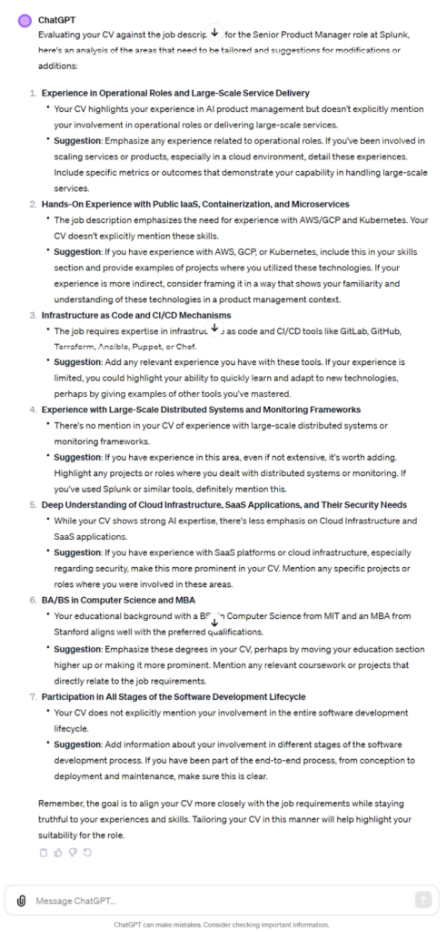 ChatGPT suggestions for customizing a resume for a specific job description.