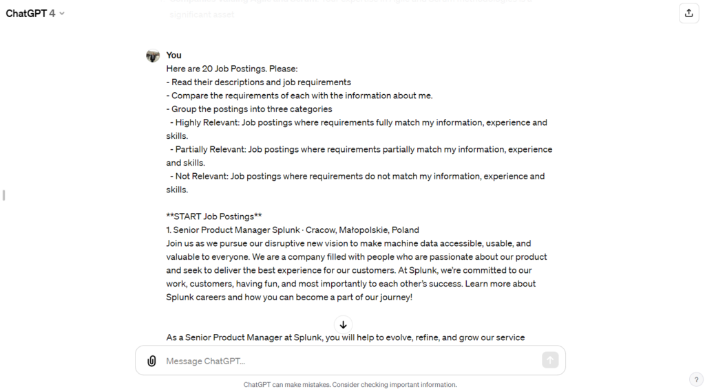 ChatGPT prompt to sort through job postings and organize by relevance.