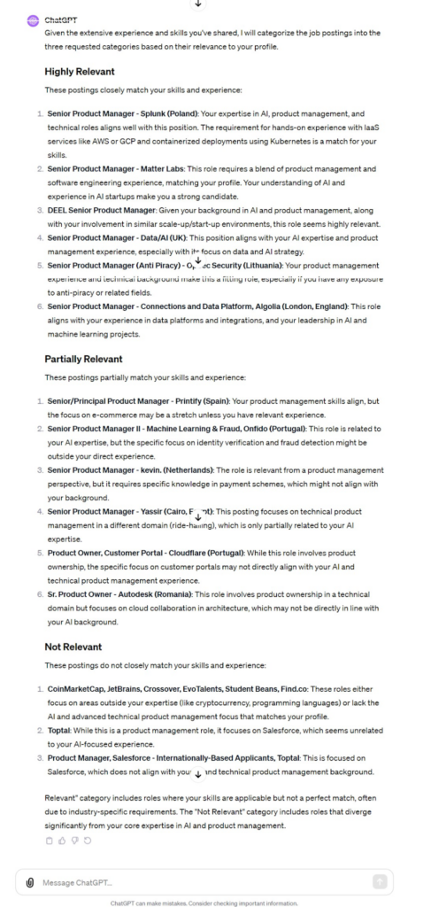 ChatGPT output of job postings organized by most to least relevant for your skillset.