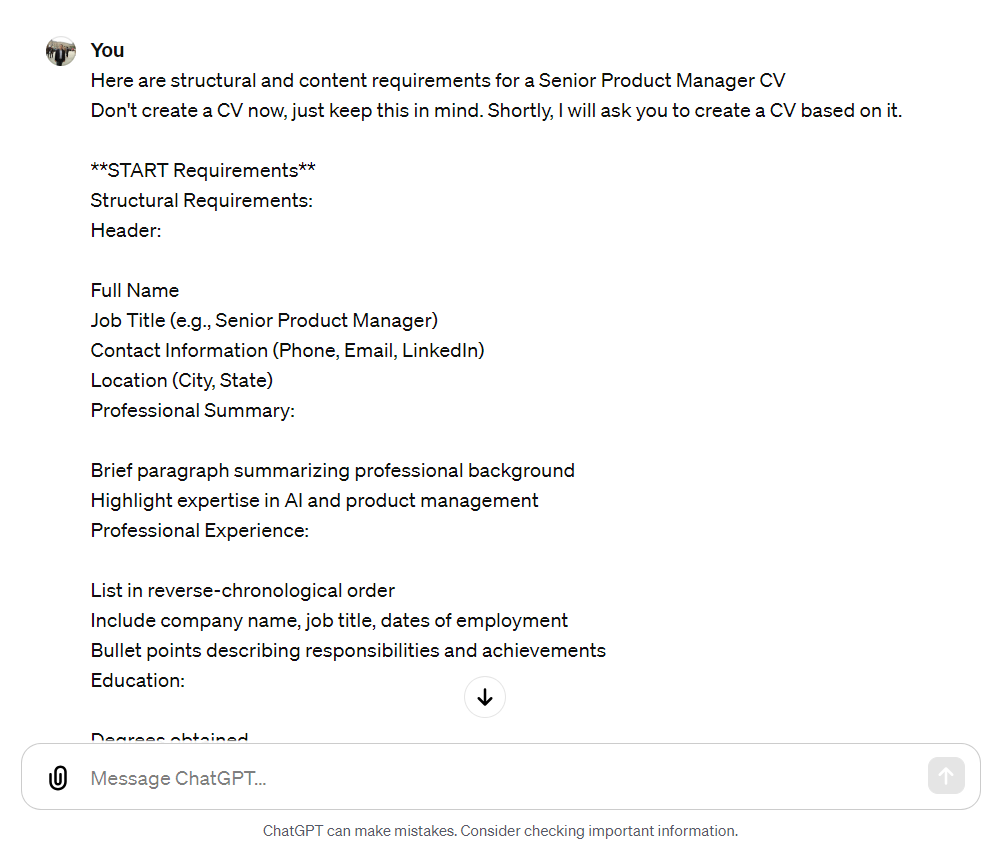 Prompt for feeding resume requirements to ChatGPT.