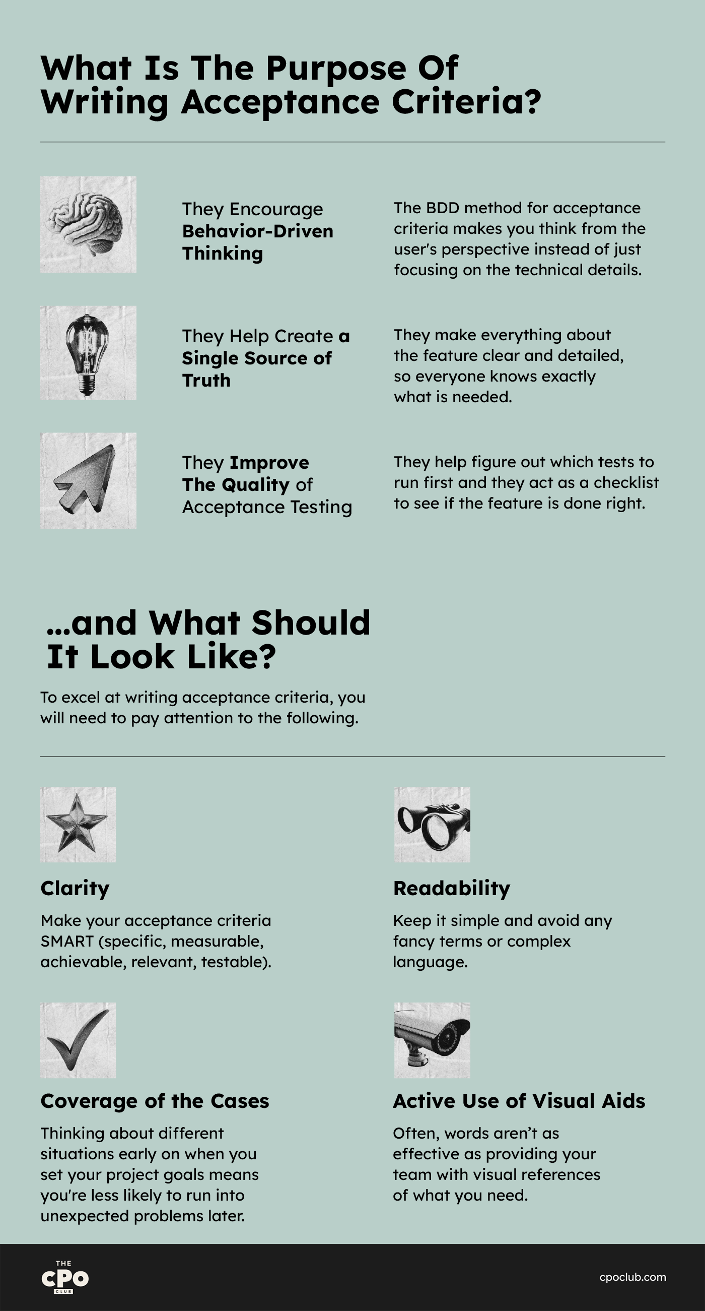 An infographic summarizing the purpose of acceptance criteria and what they should look like.