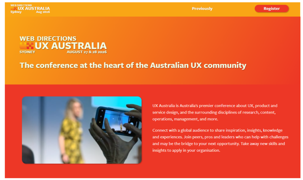 Website page of the 2026 UX Australia conference