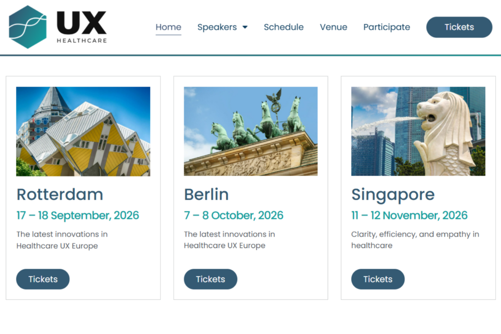 UX Healthcare 2026 event listings for Rotterdam, Berlin, and Singapore