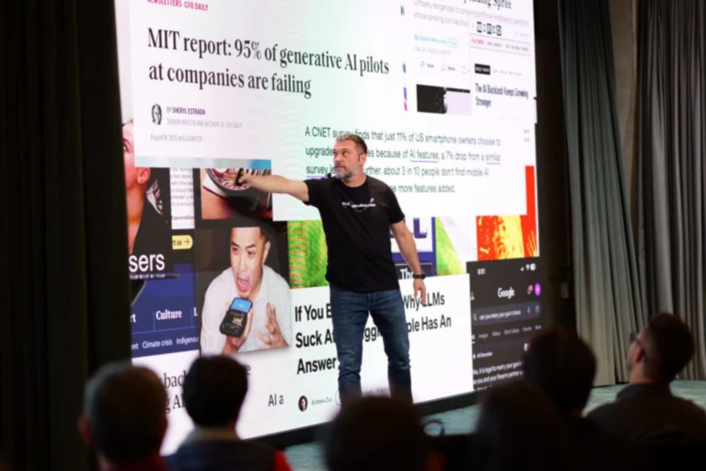 Speaker presenting UX and AI topics at UX Sofia