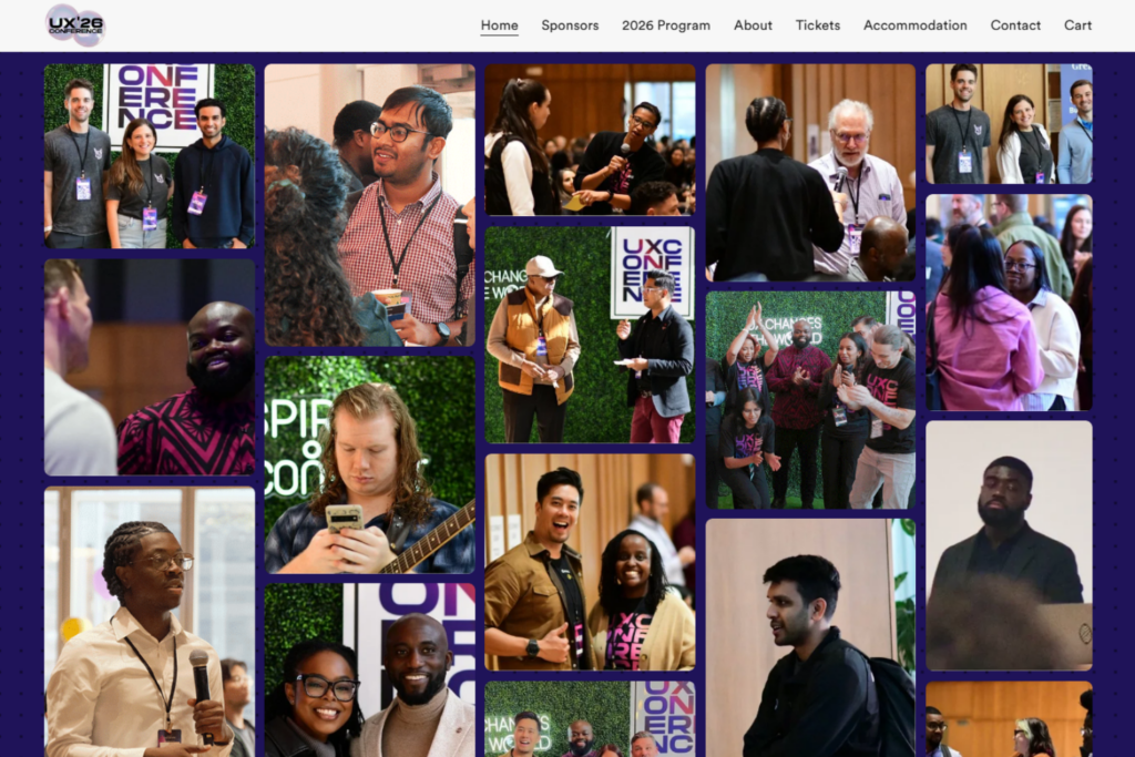 Collage of attendees networking and speaking at UXCON