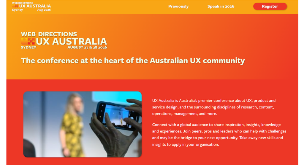 Captura de pantalla de la página de inicio de UX Australia 2026