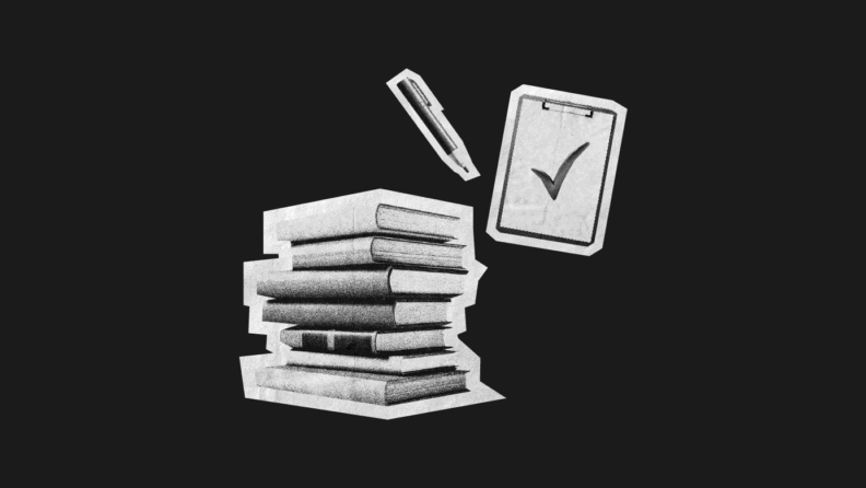 Black-and-white illustration of a stack of books, a pen, and a clipboard with a checkmark symbolizing product management best practices.