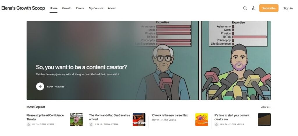 Webpage screenshot of Elena's Growth Scoop