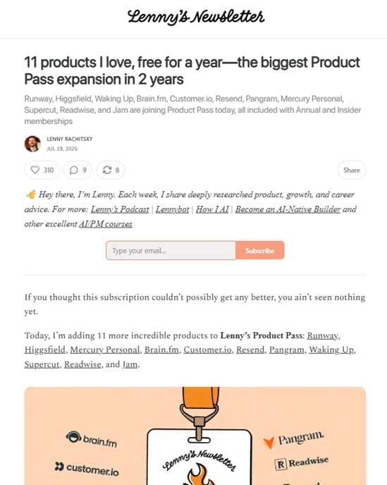 Screenshot of sample of Lenny's Newsletter