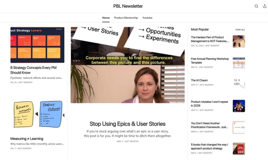 Landing page screenshot of the PBL newsletter