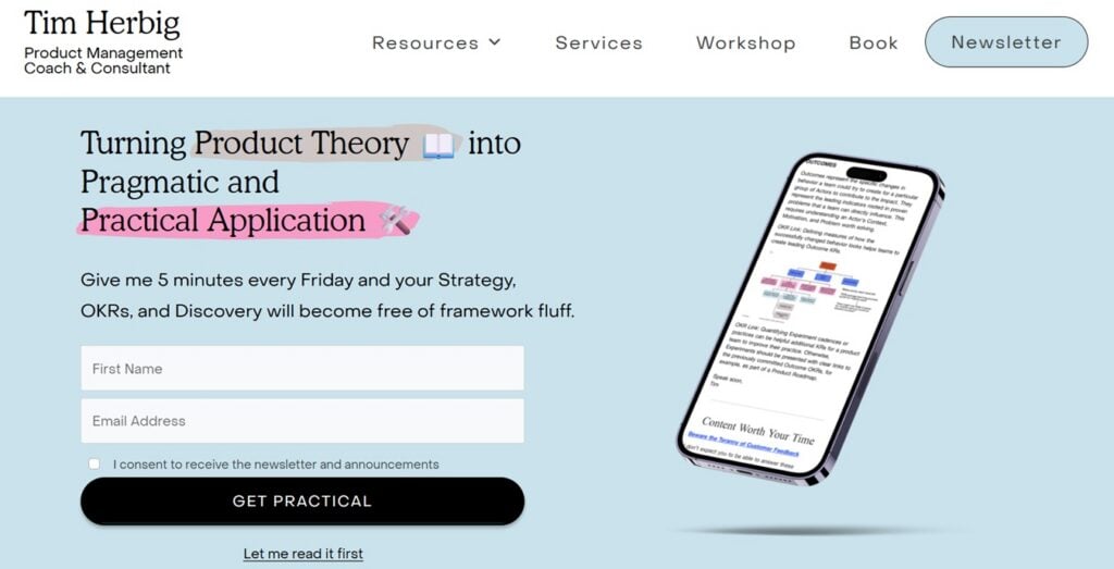 The sign up page for the Herbig on Product's newsletter