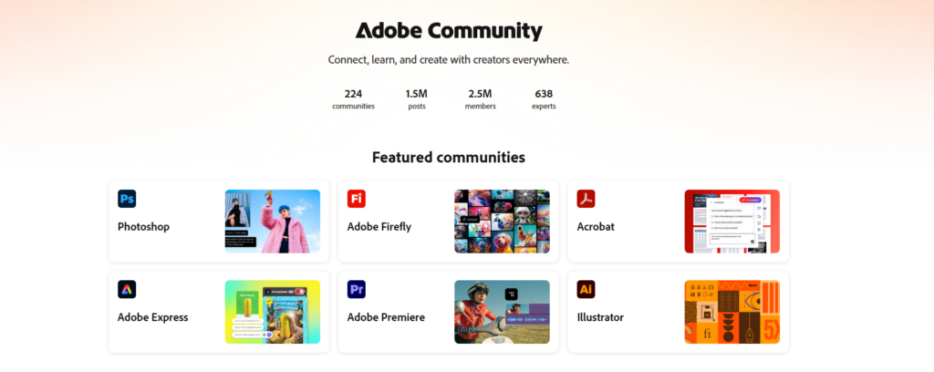 Adobe Community-homepage met uitgelichte creatieve communities voor gebruikers van Photoshop, Adobe Firefly, Acrobat, Adobe Express, Premiere en Illustrator.