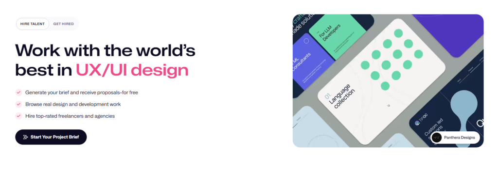 Dribbble website page promoting UX/UI design services with creative project showcases, freelance designers, and agency hiring options.