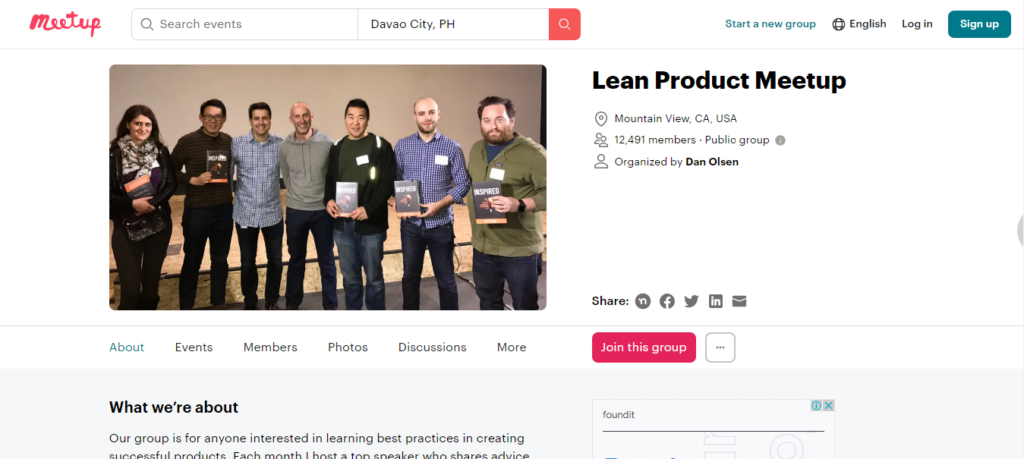 Lean Product Meetup landing page