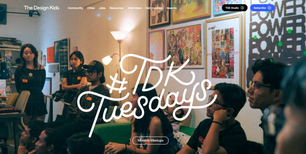 Homepage van The Design Kids met een creatief community-evenement en hulpmiddelen, ontwerpmogelijkheden, interviews en netwerkmogelijkheden voor jonge ontwerpers.