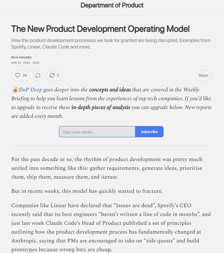 Exemple de l’infolettre Department of Product