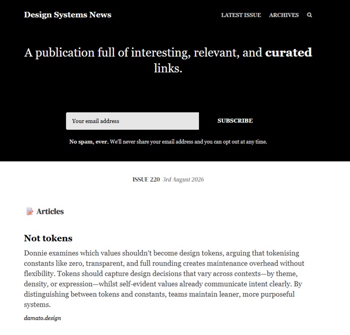 Screenshot der Anmeldeseite und eines Beispiel-Newsletters von Design Systems News