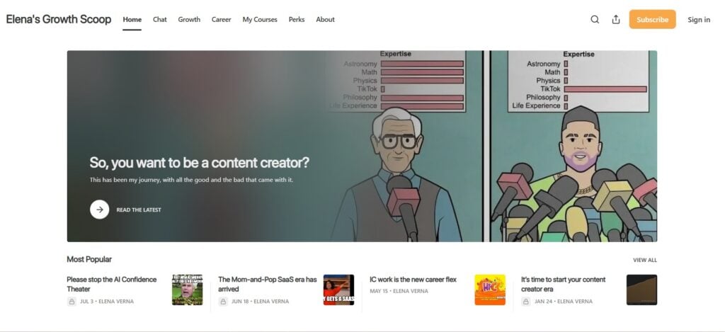 Capture d’écran de la page web de la sélection de croissance d’Elena