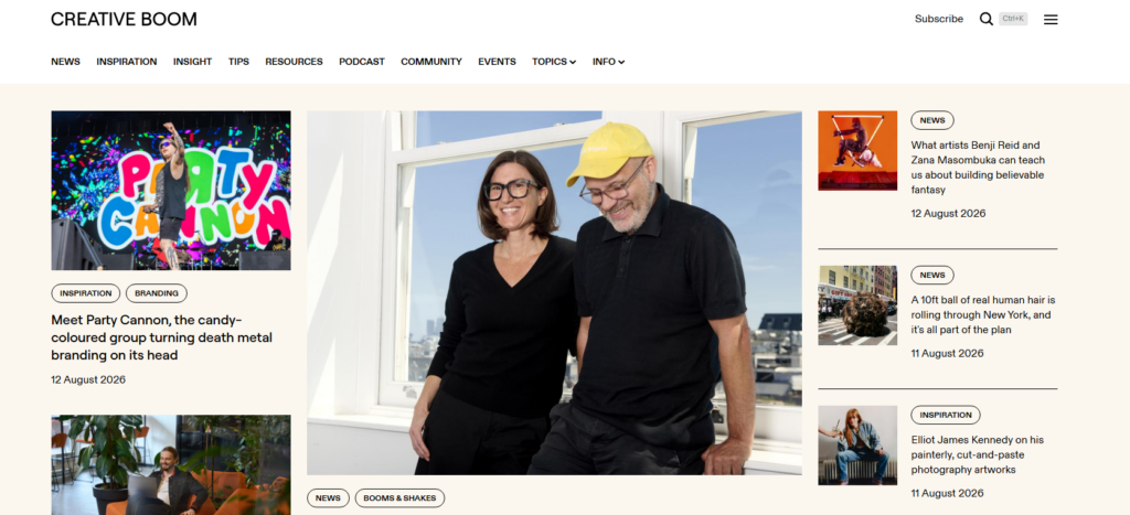 Homepage van Creative Boom met creatief nieuws, inspiratie voor ontwerpers, interviews met kunstenaars en hulpmiddelen voor de wereldwijde creatieve community.