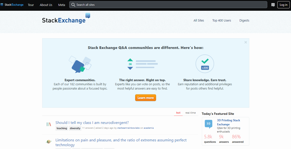 Stack Exchange landing page