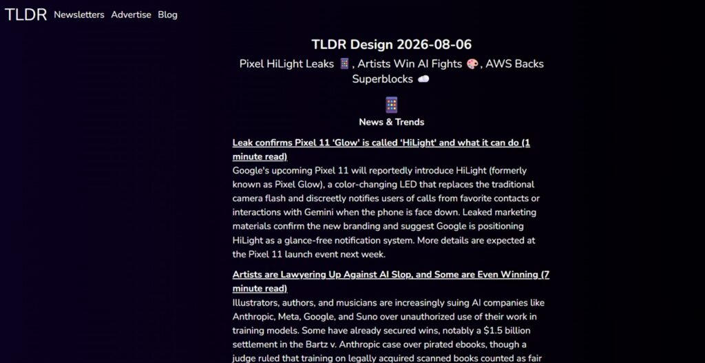Beispielnewsletter von TLDR Design in der Desktopversion