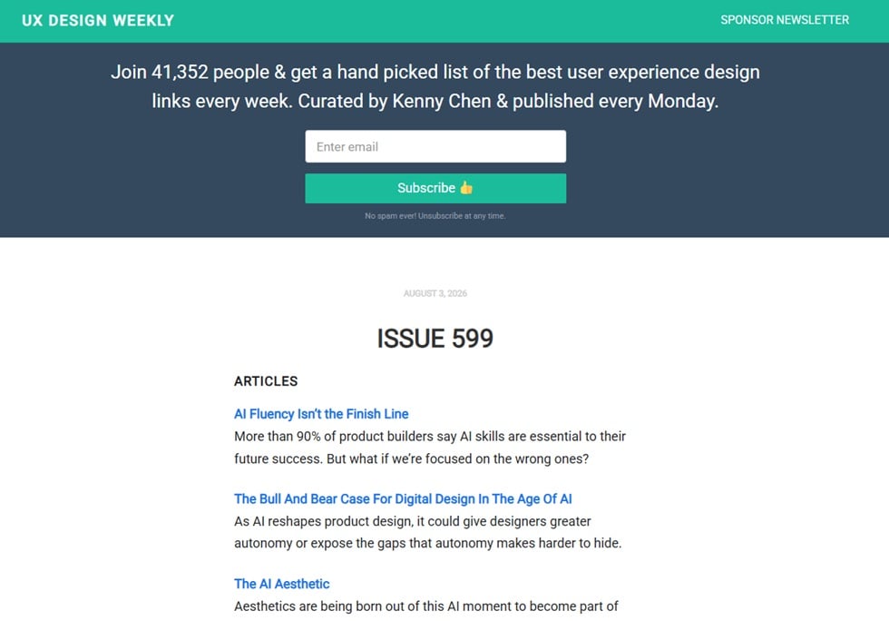 Anmeldeseite und Beispielnewsletter von UX Design Weekly