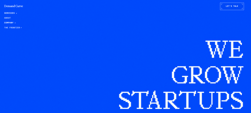 Demand Curve homepage with blue background, navigation menu, and large text reading “We Grow Startups” promoting startup growth and marketing services